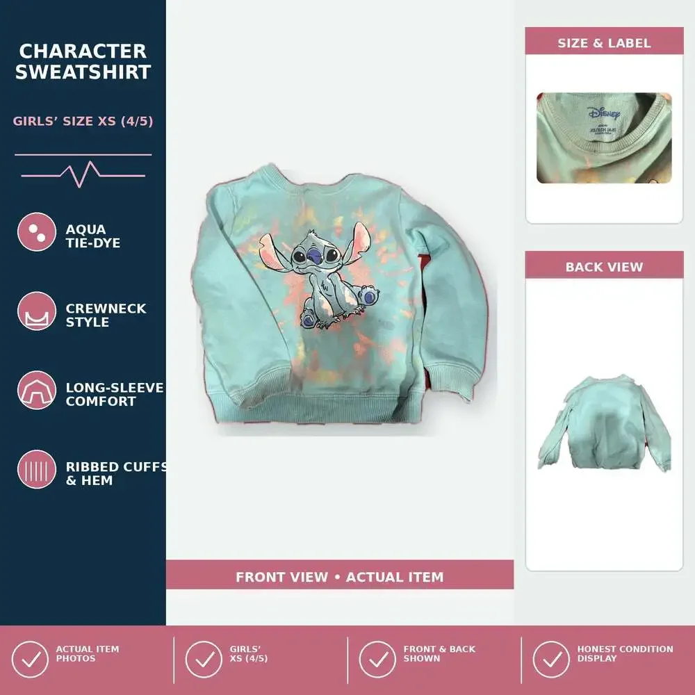 Disney Lilo & Stitch Aqua Tie-Dye Girls Crewneck Sweatshirt Size XS 4/5